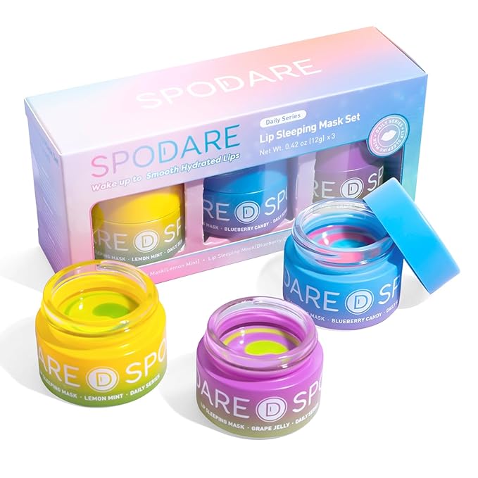 SPODARE 3-in-1 Dual-Color Sleeping Lip Mask Set – Blueberry, Grape & Lemon | Hydration & Repair for Dry Cracked Lips, Infused with Grape Seed Oil and Citrus Extracts for Rejuvenates Lips, 1.26 Fl Oz