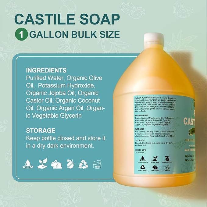 Yoken Castile Soap Liquid EWG Verified(1 Gallon, Unscented) Pure-Castile Liquid Soap for Body, Face, Hand, Pets, Laundry, Dish Soap and More - Made With Organic Oil, Vegan, Clean & Gentle, Versatile