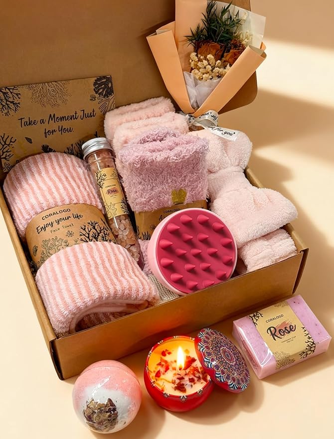 Coralogo Rose Spa Gift Baskets - Natural Pampering Spa Set, Self-Care Get Well Soon Basket,Thank You Gifts, Unique 11pcs Gift Set for Women Wife Mom Her Birthday Valentines Day Mothers Day