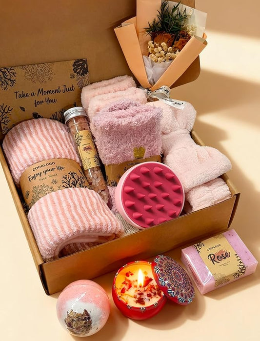 Coralogo Rose Spa Gift Baskets - Natural Pampering Spa Set, Self-Care Get Well Soon Basket,Thank You Gifts, Unique 11pcs Gift Set for Women Wife Mom Her Birthday Valentines Day Mothers Day
