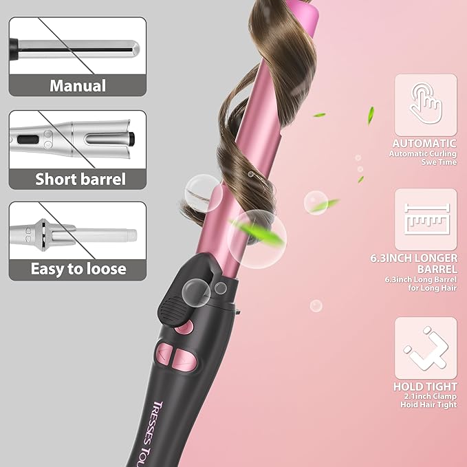 Rotating Curling Iron 1 Inch, Automatic Extra-Long Barrel Curling Iron with 30s Fast Heating for Beginners Long Hair Lasting Waves, Adjustable Temperature, Universal Voltage for Travel, Rose Gold