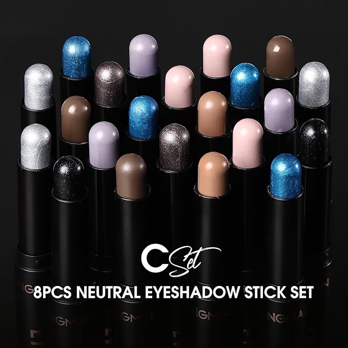 LANGMANNI 8 PCS Pro Kit Eyeshadow Stick Gift Makeup Set,Matte Earth Color+Bright Metal Color Multifunctional Contour Stick,Waterproof & Long-Lasting Eyeshadow (#C)