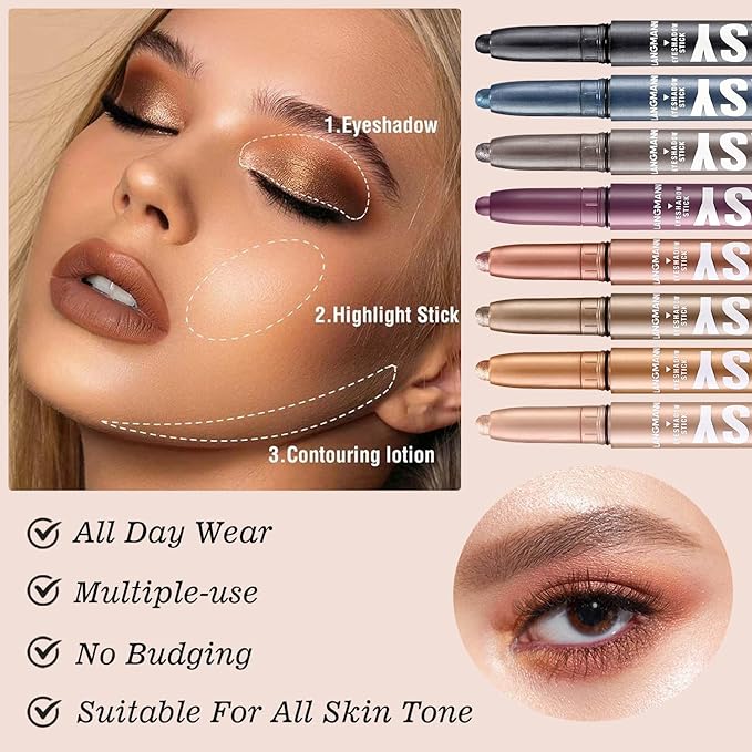 Blue Eyeshadow Stick Makeup,Matte Cream Eye Shadow Pencil,High Pigmented Crease proof Glitter Eye Shadow Brightener Stick,Waterproof Long Lasting Eye Highlighter Crayon Eyeliner
