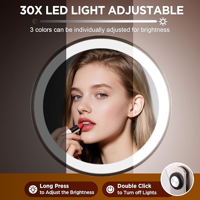 Makeup Mirror with Light, 30x Magnifying Mirror with 3 Lights Colors, 5000mAh Vanity Mirror Brushed Nickel - 360° Rotation, Brightness Adjustable Magnification, Modern Style Side Touch + Side Charge
