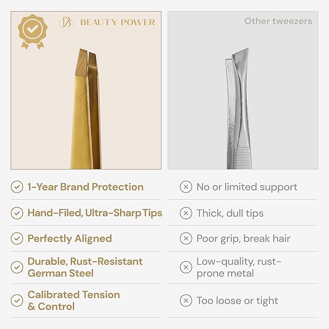 Ultra-Precision Professional Slant Tweezers for Women Facial Hair - German Stainless Steel, Lightweight Black Tweezers for Women & Men, Ideal for Eyebrow & Facial Grooming (Matte Gold)
