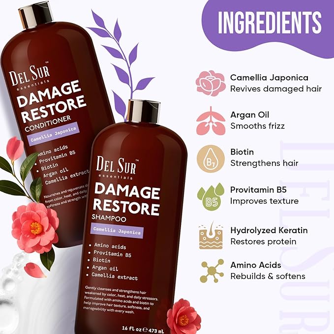 DEL SUR Hair Repair Shampoo and Conditioner Set | 16 fl oz Each | with Camellia Japonica, Amino Acids, Biotin & Argan Oil | Moisturizing Strength & Damage Repair for Dry, Damaged Hair