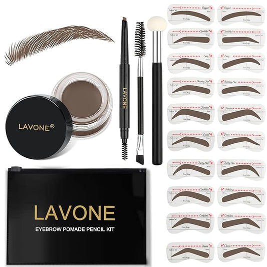 LAVONE Eyebrow Stamp Stencil Kit, Brow Stamp Trio Kit with Waterproof Eyebrow Pencil, Pomade, 20 Eyebrow Stencils, Dual-ended Eyebrow Brush and Sponge Applicator - Soft Coffee
