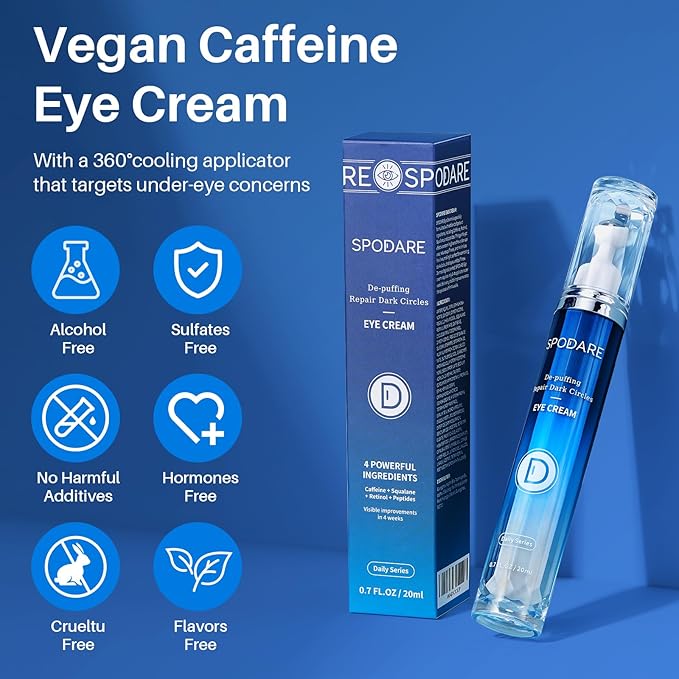 SPODARE Caffeine Eye Cream, Under Eye Cream for Dark Circles, Puffiness & Puffy Bags, Wrinkles Fine Lines, Eye Roller Serum with 360° Massage Ball for Women and Men - 0.7 fl. oz