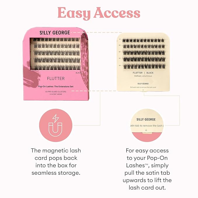 Silly George Pop-On Lashes - DIY 1-Step Pre-Glued Faux Eyelash Clusters, Natural Look Extensions, Black - Flutter, 5-7 Pair Set, Pack of 60 Clusters