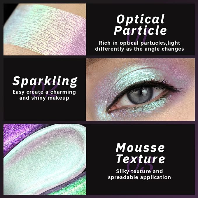 Noerrors Liquid Chameleon White Green Eyeshadow,Multi-Dimensional Eye Looks, Long-lasting Holographic Glitter Highlighter,Rich Color Metallic Multichrome Eyeshadows Makeup, Icy Eye Topper for Party