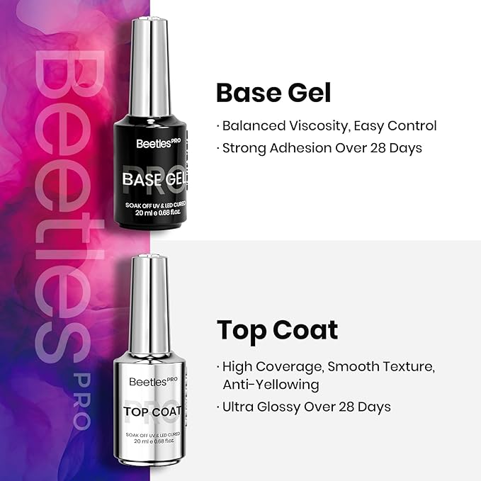 Beetles Pro Gel Top Coat and Base Gel Nail Polish, 20ml Upgraded Super Shine Finish and Long Lasting for 28 Days, Soak Off LED Nail Lamp Finish Nail Art Design Manicure for Salon