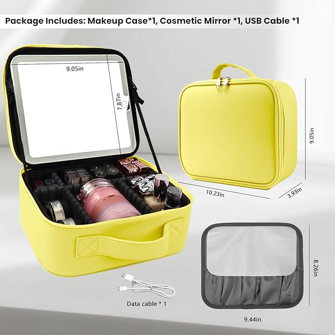 SUILU Travel Makeup Bag with LED Mirror and Light Travel Makeup Case Cosmetic Organizer Portable Cosmetic Brush Organizer Bag with Adjustable Dividers for Cosmetics Makeup Brushes Toiletry (Yellow)