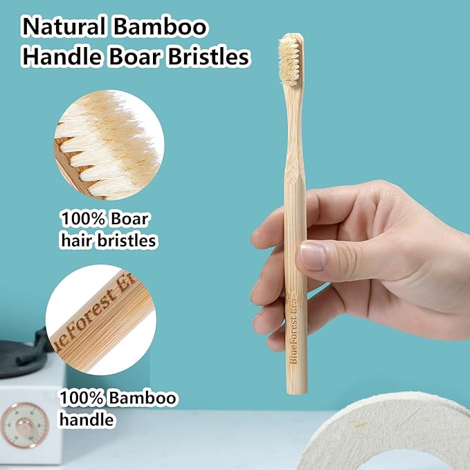 Boar Bristles & Bamboo Toothbrush, Premium Boar Bristle Toothbrush for Adult, Plastic & Nylon Free, Eco-Friendly Natural Biodegradable Compostable Bamboo Tooth Brushes 6 Pack
