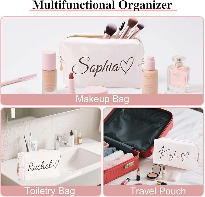 Fincekoom Valentines Day Gifts for Her Teen Girls, Personalized Makeup Bag with Name & Birth Flower, Custom Leather Cosmetic Bags for Women, Customized Travel Toiletry Bag Gifts for Bridesmaid Wedding