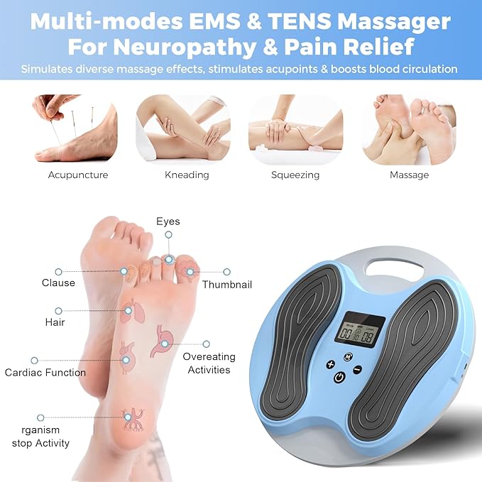 EMS Foot Massager for Neuropathy,NMES Foot Circulation Stimulator for Pain Relief, Plantar Fasciitis & Muscle Recovery,TENS Unit Muscle Stimulator with 4 Electrode Pads,12 Modes 20 Intensities