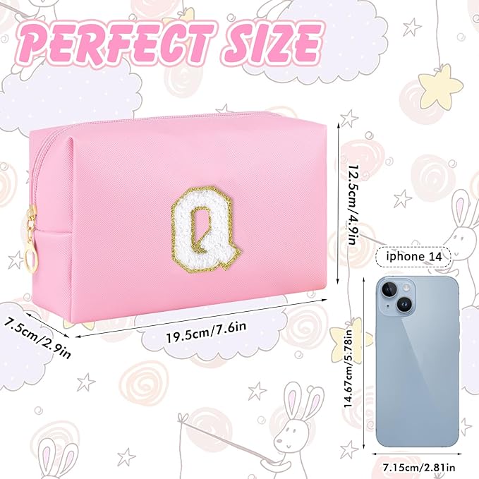 URSKYTOUS Initial Makeup Bag Personalized Preppy Travel Small Cosmetic Bag Cute PU Pink Chenille Letter Makeup Pouch for Purse Waterproof Zippered Toiletry Organizer for Women Girls Kids Friends (Q)