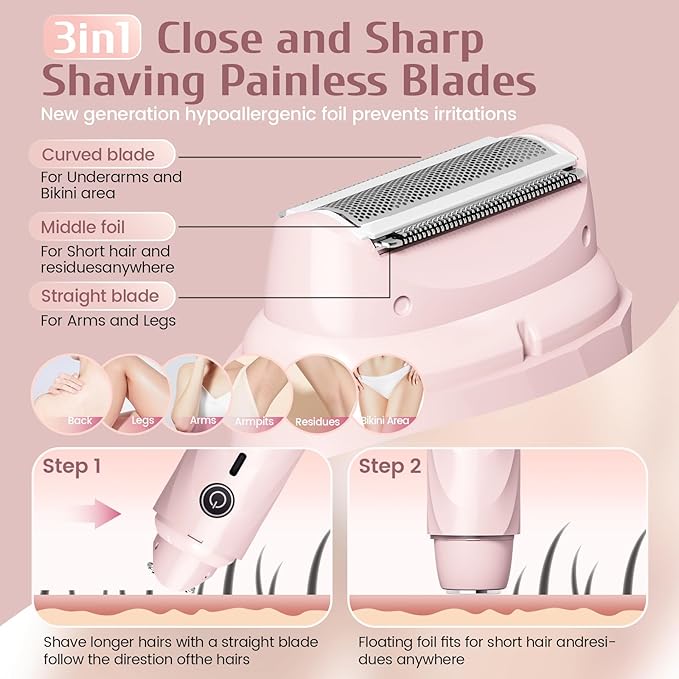 4-in-1 Electric Razor for Women, Bikini Trimmer & Facial Hair Remover, Rechargeable Cordless Dual-Head Shaver, IPX7 Waterproof, Painless & Hypoallergenic for Sensitive Areas, Pink