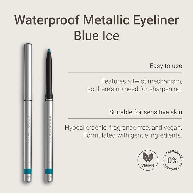 Sandstone Scandinavia Hypoallergenic Waterproof Eyeliner - Fragrance Free Metallic Blue Eye liner - Vegan and Cruelty Free Eye Pencil - Eyeliner Pencil for Sensitive Eyes (Blue Ice)