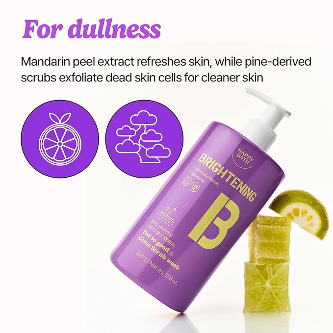 HAPPY BATH Feel So Good Citrus Body Wash with Pine Scrubs & Glutathione | Mild Exfoliating & Nourishing Shower Gel, Vitamin-Infused, Yuzu Citrus Scent, 17.6 fl oz