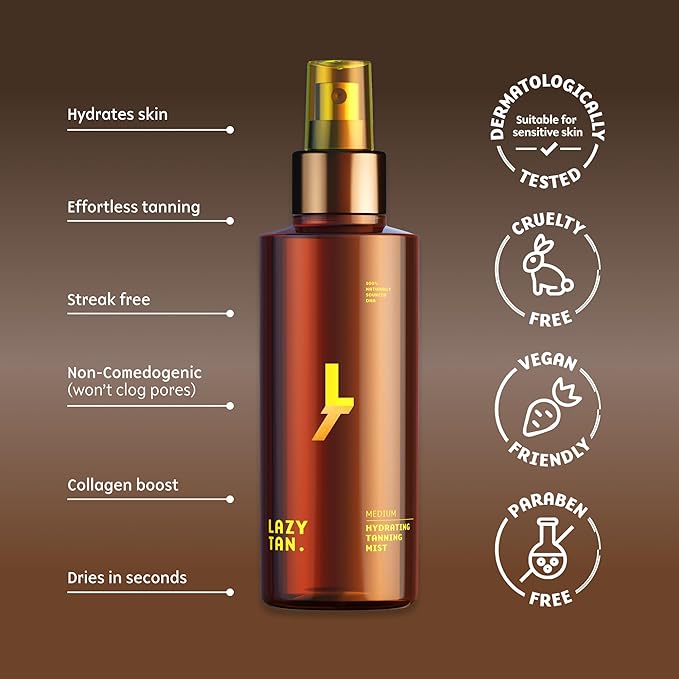 Lazy Tan Face Tan Mist - Self Tanning Mist, Waterproof, Effortless and Natural Looking, Gradual Sun Kissed Glow, Suitable for Face and Body, Hydrating Moisturiser with Vitamin C and Vitamin E