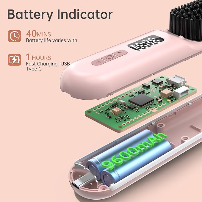 Hair Straightener Brush, Portable Cordless Mini Straightening Brush for Travel, 300M Negative Ions for Frizz-Free Shine, Fast Heating,Hot Comb Hair Straightener with 9 Temps for Women