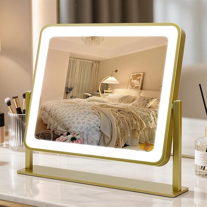 Vanity Mirror with Lights, 14"×12" LED Makeup Mirror, HD Professional Mirror, Smart Touch with 3-Color Lighting, Dimmable, 360° Rotation, Lighted Up for Makeup Desk, Bedroom (Gold)