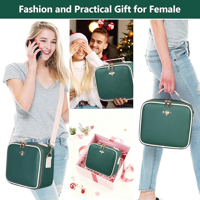 GIUWESOY Travel Makeup Bag with Light Up Mirror, Portable Makeup Bag with Led Light Women Waterproof Makeup Travel Case adjustable dividers Rechargeable Vanity Mirror with 3 Color Lights (Green)