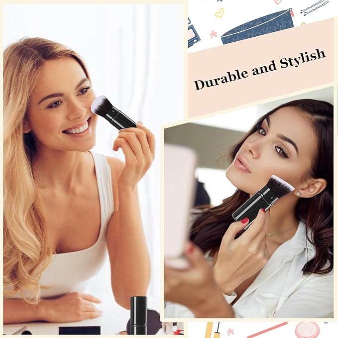 Keriloo Retractable Kabuki Makeup Brush, 2 Pack Travel Angled Powder Foundation Blush Brush Set for Blending Liquid, Bronzer, Buffing, Concealer, Blush, Highlighter, Flawless Cosmetics