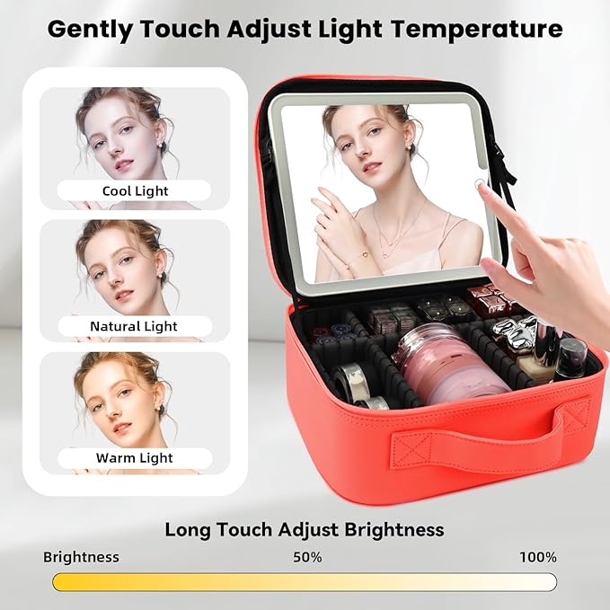 SUILU Travel Makeup Bag with LED Mirror and Light Travel Makeup Case Cosmetic Organizer Portable Cosmetic Brush Organizer Bag with Adjustable Dividers for Cosmetics Makeup Brushes Toiletry (Red)