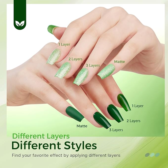 Morovan Green Nail Polish Set: Glitter Emerald Dark Green Spring Summer Fingernail Polish Kit Neon Lime Flash Air Quick-Dry Nail Polish Pack for Nail Art Manicure Gift Holiday Party for Women Girls