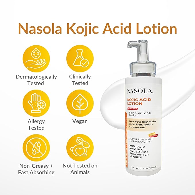 Nasola Kojic Acid Lotion Natural Skin Clarifying for Face & Body with Vitamin C, Niacinamide, Shea Butter, Licorice & Green Tea for Complexion Revitalization, Women & Men