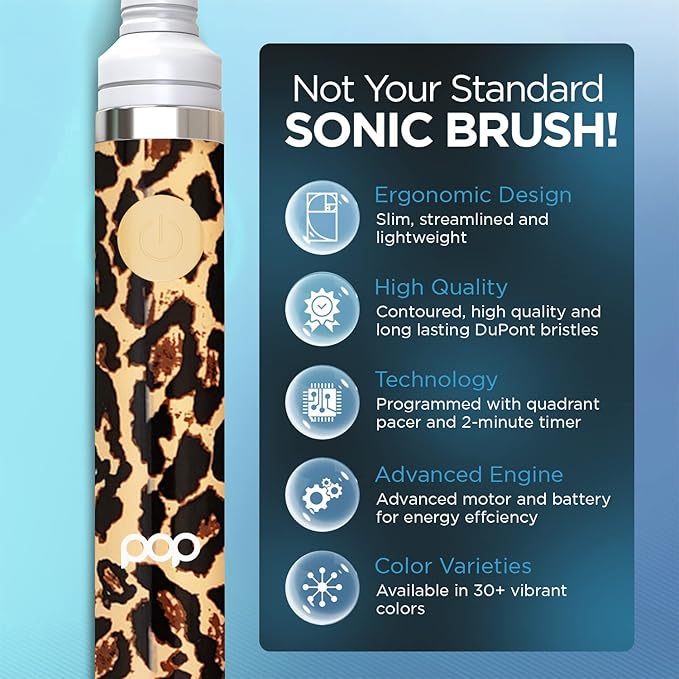 Pop Sonic Electric Toothbrush (Leopard) - Travel Toothbrushes w/AAA Battery | Kids Electric Toothbrushes with 2 Speed & 15,000-30,000 Strokes/Minute, Dupont Nylon Bristles