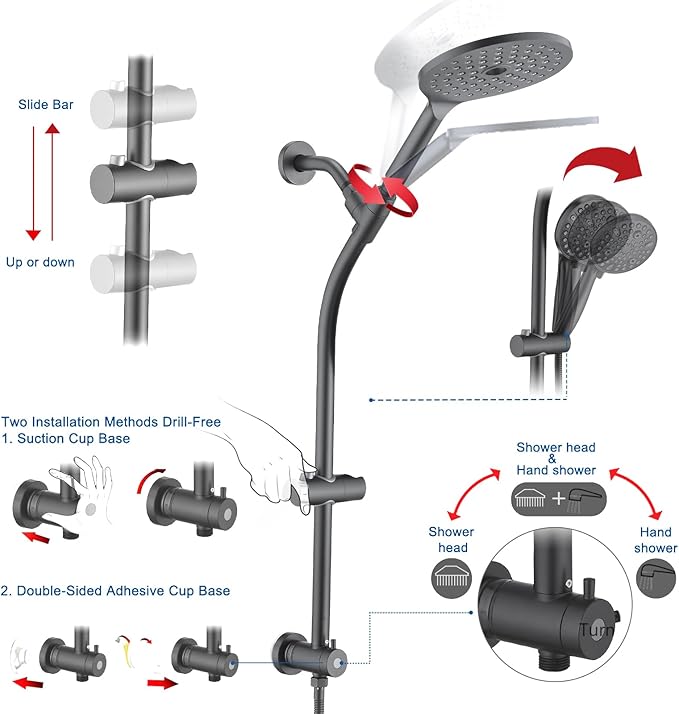 UCLIMAA High Pressure Shower Head with Handheld Shower, 26" Adjustable Height Drill-Free Slide Bar, 3-Way Diverter for Easy Reach, Dual Shower Head Combo Set with 5ft Hose - Matte Black