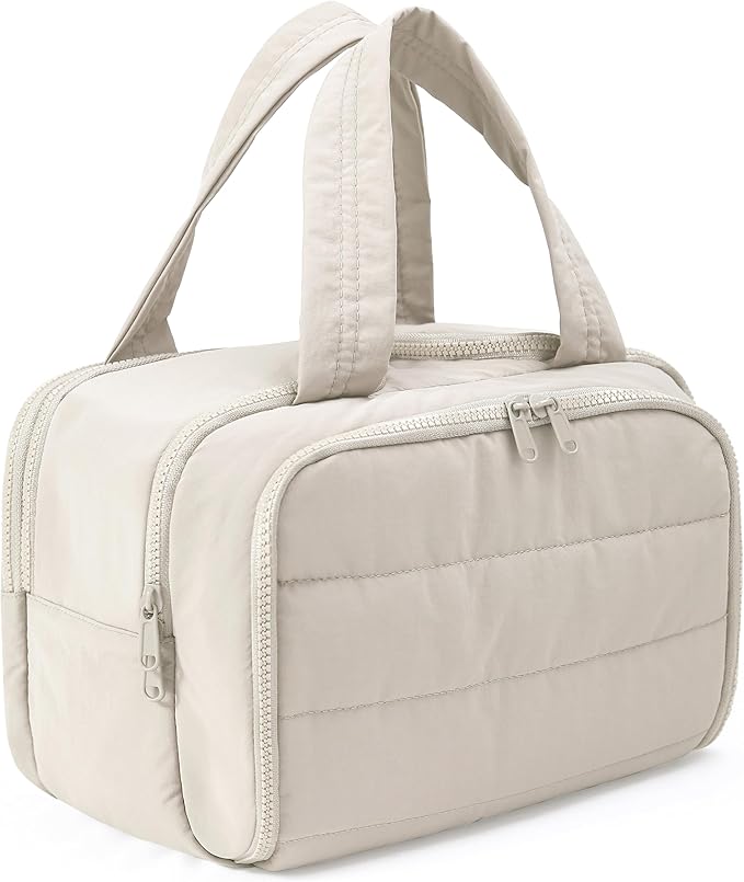 BUZFOWU Travel Toiletry Bag for Women, Large Wide-open Puffy Cosmetic Makeup Bag with Wet-Dry Separation, Multi-Pocket Organizer with Carry Handle for Toiletries, Cosmetics, Essentials, Beige