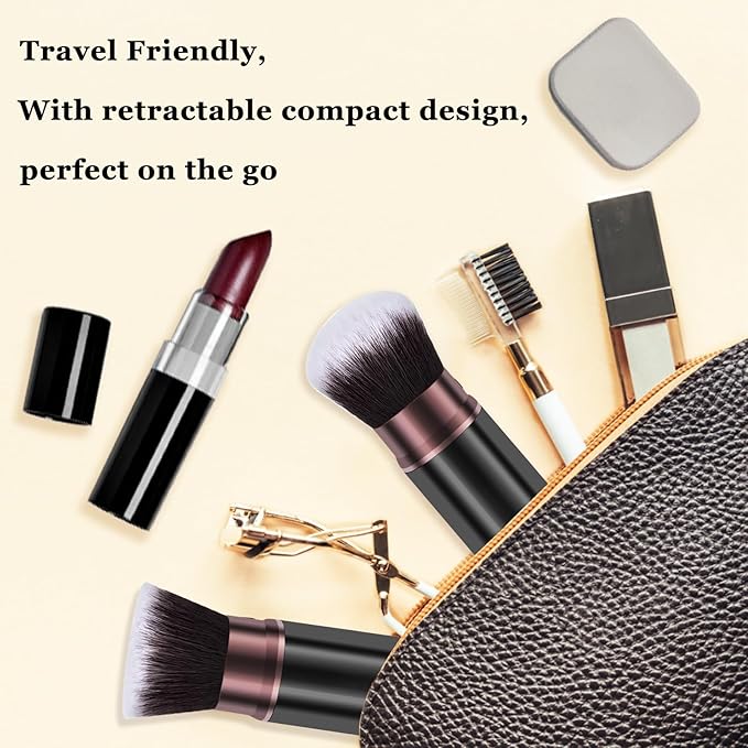 Keriloo Makeup Brushes, Retractable 2 Pack Travel Kabuki Blush Makeup Brush Face Powder Foundation Brushes for Blending Liquid, Blush, Bronzer, Buffing, Sunscreen,Flawless Cosmetics