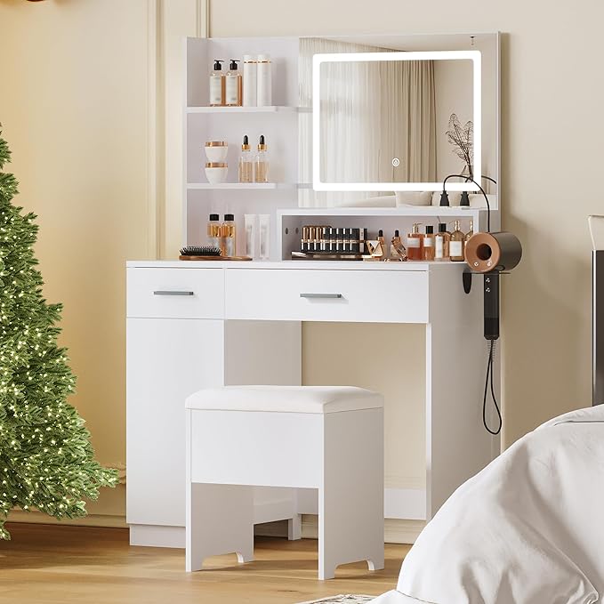 Vanity Desk with LED Mirror and Lights, Makeup Vanity Set with Chair, Power Outlet, Drawers, Cabinet, Dressing Table with Open Storage Shelves and for Bedroom, Dressing Room, White