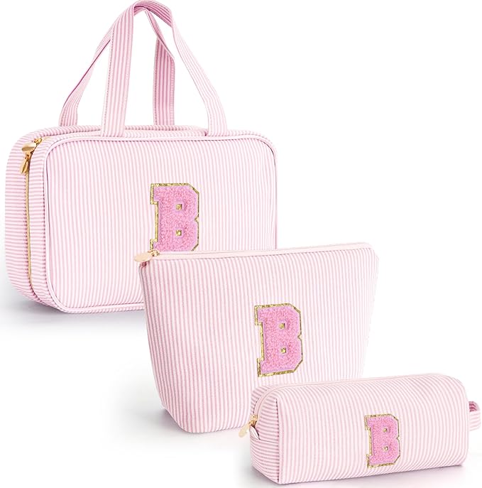 Fystdtote Initial Cute Toiletry Makeup Bag Pouch Cosmetic Travel Bag | Gift for Niece Sister Friend Female Her Mom | Birthday Gifts for Women Daughter Gifts - Pink B