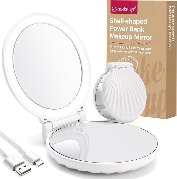 Compact Makeup Mirror with Lights Travel Mirror with Light Small Compact Mirror 2x/10x Magnification & LED Lighted,Rechargeable Compact Mirror Portable Adjustable Pocket, White