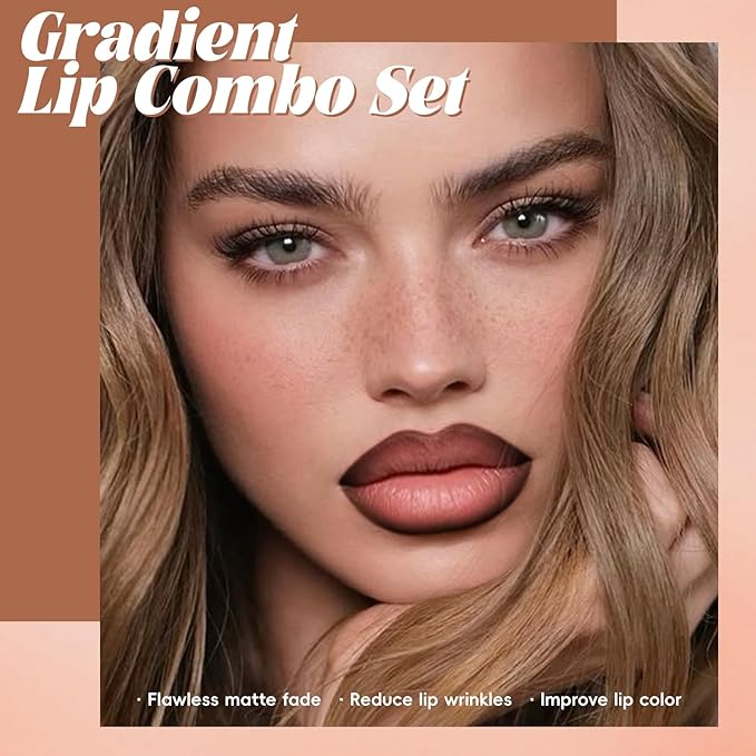 Noerrors 2PCS Gradient Lip Liner and Lipstick Lip Combo Set for Women, Brown Plumping Lip Liner Pencil & Nude Matte Lip Balm, Waterproof Long-Lasting Smudge-Proof Velvet Lip Makeup Kit for beginner