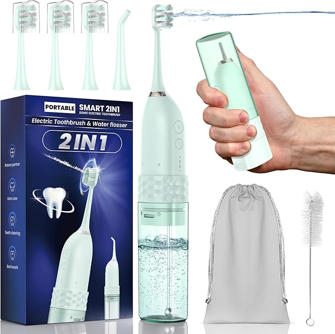 UNINGOPI Portable Electric Toothbrush with Water flosser, 2 in 1 Teeth Cleaning Kit, Electricc, Water Flosser and Toothbrush Combo, Travel Toothbrush with Water Bottle(Green)