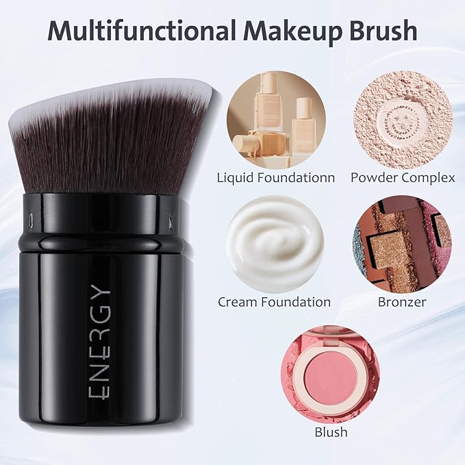 ENERGY Kabuki Foundation Brush Mini - Makeup Brush Retractable Travel for Liquid Loose Powder & Blush Buffing, Bronzer & Cream Blending, Angled Face Cosmetic Brushes Cruelty Free With Cover (Black)