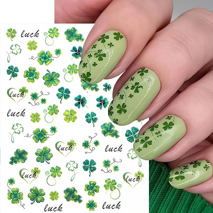 8Pcs St. Patrick's Day Nail Stickers Shamrocks Nail Art Stickers Irish Four Leaf Clover Nail Decals 3D Self-Adhesive Lucky Clover Nail Design St. Patrick's Day Nails Supplies for Women Manicure DIY