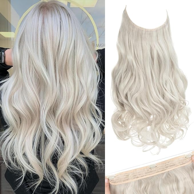 SARLA Invisible Wire Hair ExtensionsLong Wavy Curly Synthetic Hairpiece f with 3 Clips or Women Adjustable Transparent Headband 18 Inch Ice Blonde