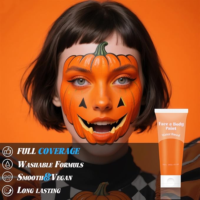 Orange Face Body Paint，Water Based Cream Orange Face Body Paint for Starfire Festivals Halloween Cosplay SFX Pumpkin Makeup,Washable&Full Coverage
