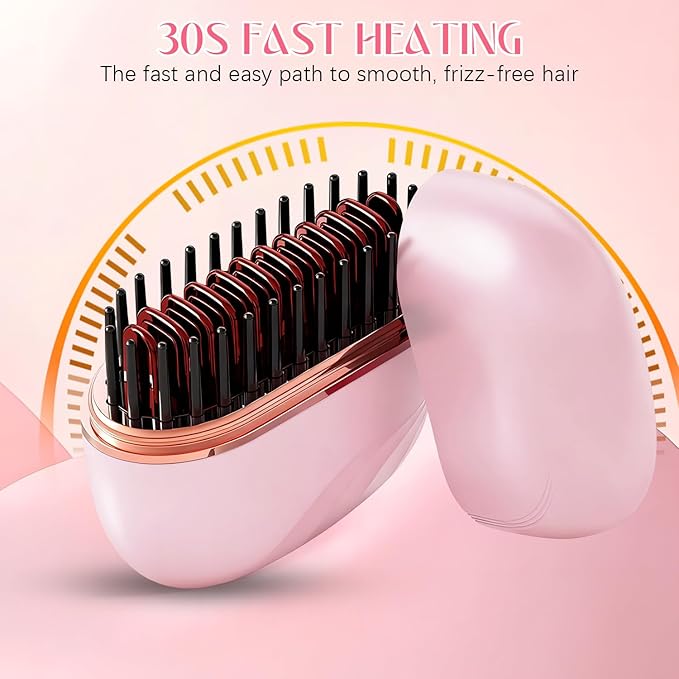 Mini Straightener,Rechargeable Portable Hair Straightener Brush,Fast Heating Hot Comb,Anti Scald Shell,3-Speed Temperature Control,Lightweight Mini Hair Straightener Brush for Home Travel Gift (Pink)