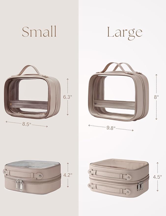 Oaque Clear Cosmetic Bag Double Layer 4 Compartments Travel Toiletry Bag Clear Makeup Bag Case with Zipper Transparent Travel Bag for Toiletries, Gift for Women Girls (Taupe, Small)