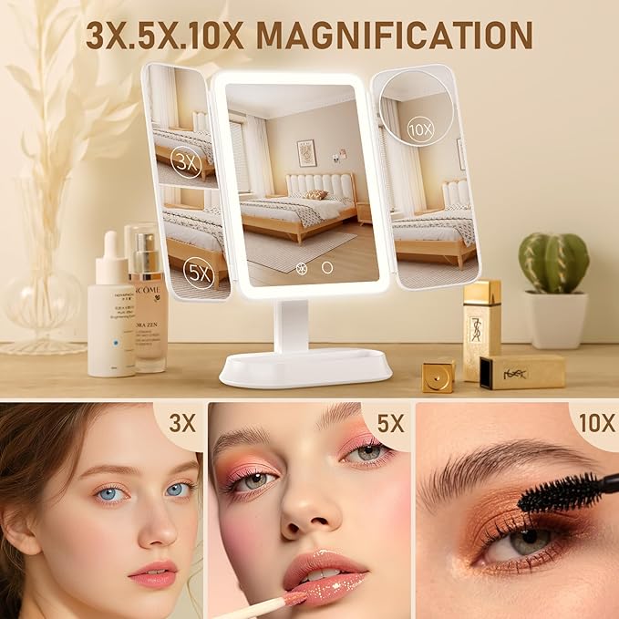 Makeup Mirror with Lights, Rechargeable Mirror with 2X/3X/10X Magnification, Portable Vanity Mirror with for Travel/Desk, Valentines Day Gifts for Her