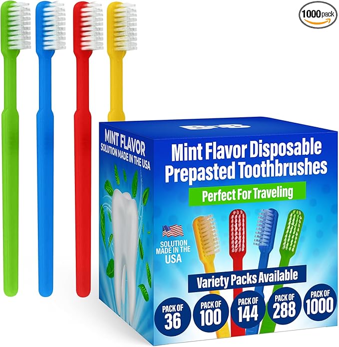 Adult Pre-Pasted Disposable Toothbrushes Individually Wrapped - NO Water Needed | Perfect Cruise Necessity (1000 Pack)