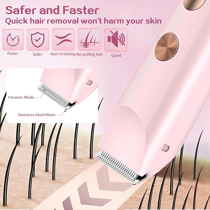 2 in 1 Bikini Trimmer for Women, Dual Head Electric Shaver with LED Display, IPX7 Waterproof Body Pubic Hair Trimmer Rechargeable Womens Electric Razor for Armpit Leg Body Facial (Pink)