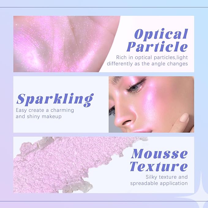 Holographic Chameleon Pink Silver Eyeshadow&Highlighter Palette, Color Shift Glitter Iridescent Cream Highlighter, Smooth Long Lasting Sparkling Eye Shadow Mermaid Facial Illuminator Makeup#02